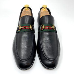 GUCCI Jordaan Black Leather Gold Bit Loafer